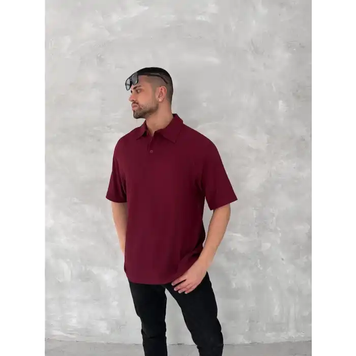 Yakalı Patlı Kısa Kol T-shirt - Bordo