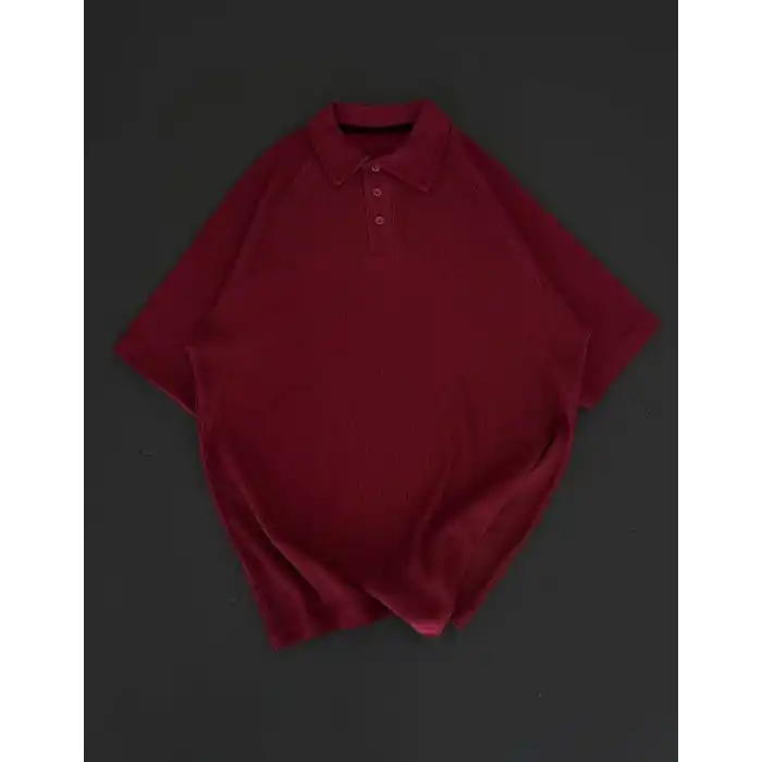 Yakalı Patlı Kısa Kol T-shirt - Bordo