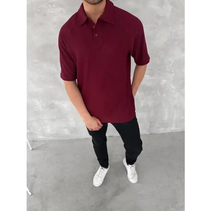 Yakalı Patlı Kısa Kol T-shirt - Bordo