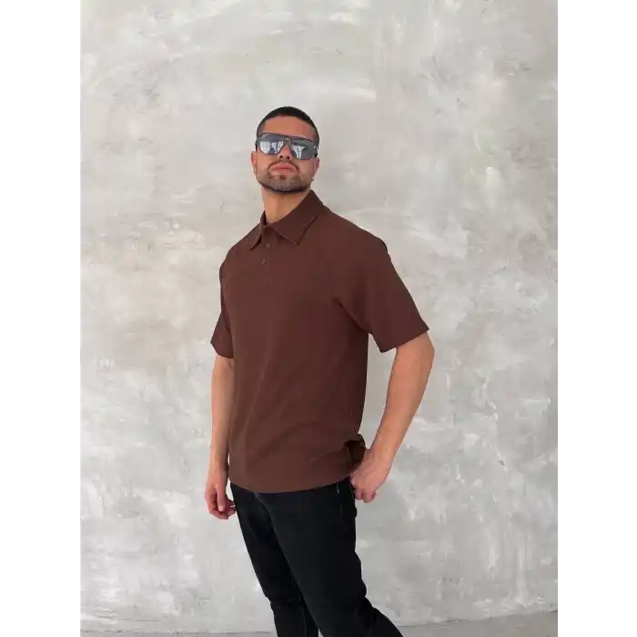 Yakalı Patlı Kısa Kol T-shirt - Kahverengi