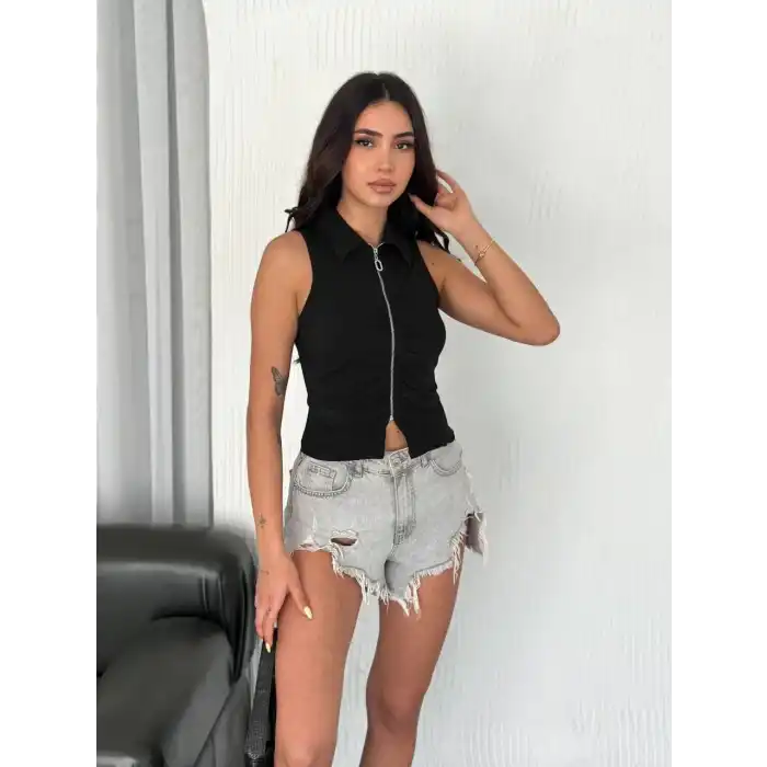 Yakalı Tam Fermuarlı Kolsuz Bluz - Siyah