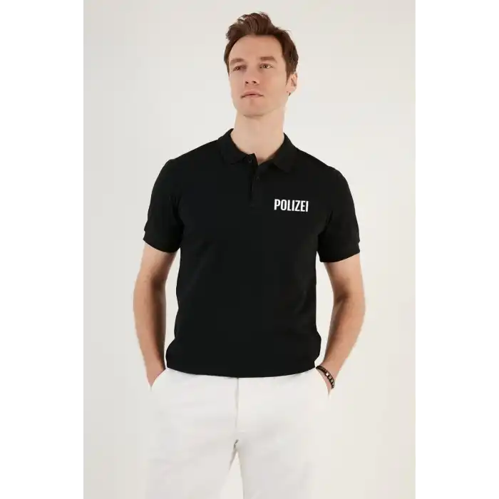 Yakası Düğmeli Yakalı Pike Baskılı T-Shirt - Siyah