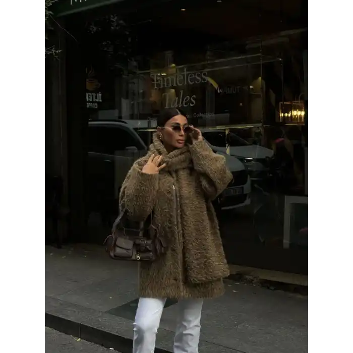 Yün Cıkartılabilen Atkılı ,Kaban İkili Takım- Kahve