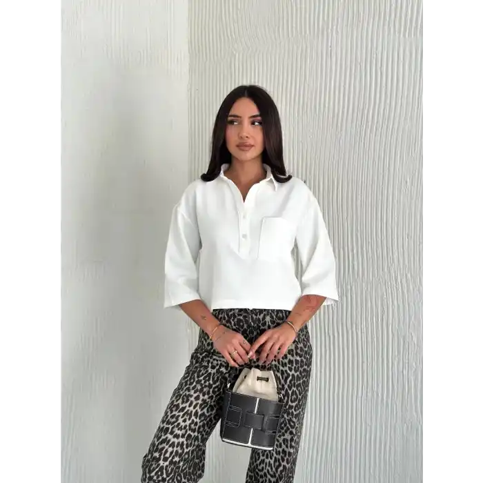 Z Krep Kadın Crop Yakalı Gömlek İlik Düğmeli Üç Çeyrek Sleeve Kol - Beyaz