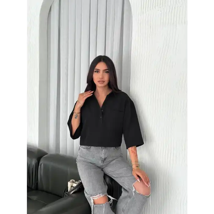 Z Krep Kadın Crop Yakalı Gömlek İlik Düğmeli Üç Çeyrek Sleeve Kol - Siyah