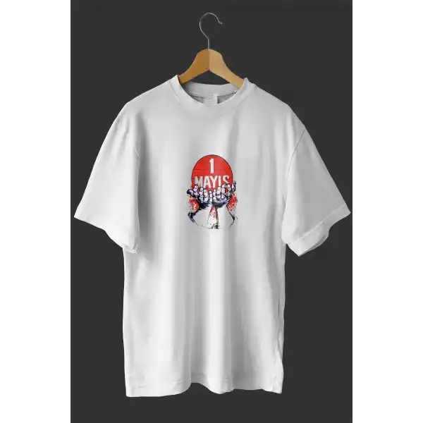 1 Mayıs Emek ve Dayanışma Günü Baskılı Oversize Bisiklet Yaka T-shirt - Beyaz