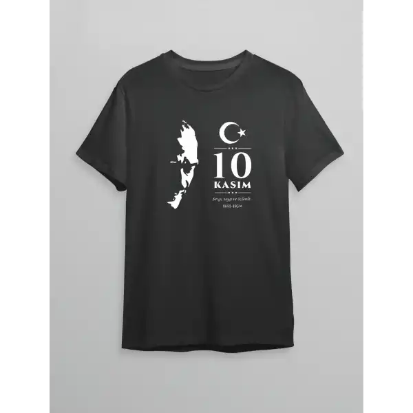 10 Kasım Atatürk Anma Günü Silüet Baskılı Oversize Bisiklet Yaka T-shirt - Siyah