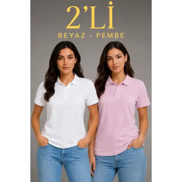 2li Kadın Polo Yaka Pike Kumaş Düğmeli Basic Tişört Günlük Rahat Kesim - Beyaz, Pembe