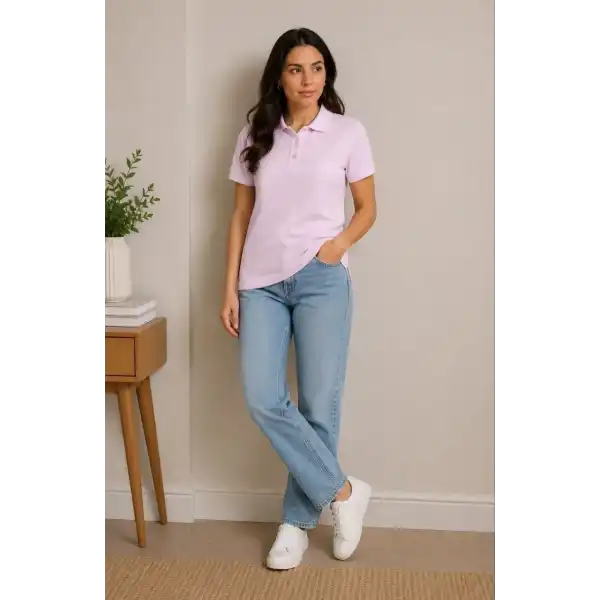2li Kadın Polo Yaka Pike Kumaş Düğmeli Basic Tişört Günlük Rahat Kesim - Beyaz, Pembe