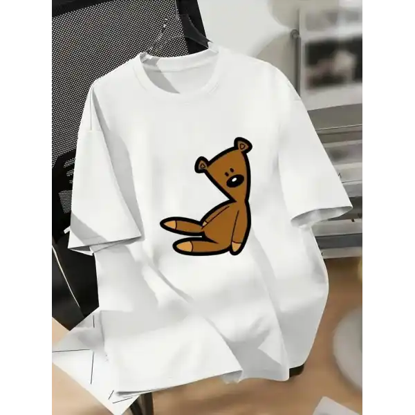 20/1 Penye Compack Ayı Baskılı Oversize Bisiklet Yaka Kısa Kol T-shirt - Beyaz
