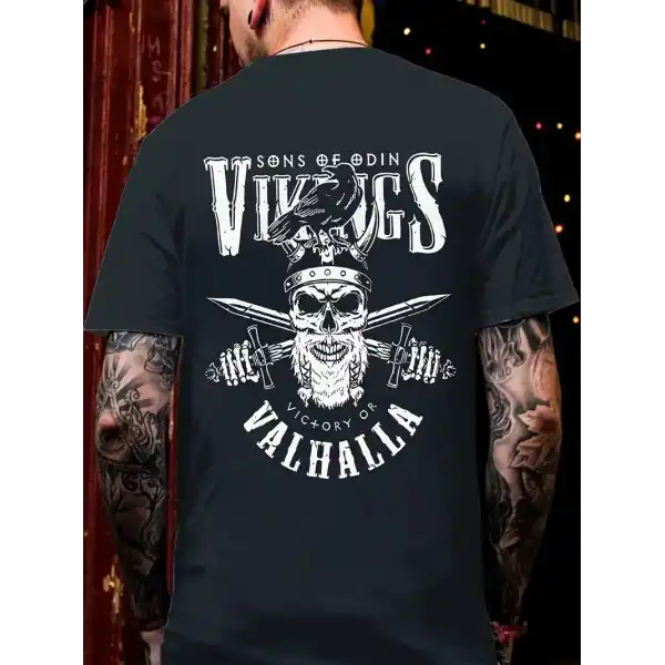 20/1 Penye Compack Vikings Valhalla Baskılı Oversize Bisiklet Yaka T-shirt - Siyah