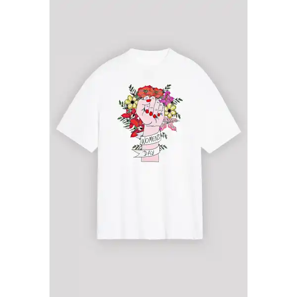 8 Mart Dünya Kadınlar Günü Baskılı Oversize Bisiklet Yaka T-shirt - Beyaz