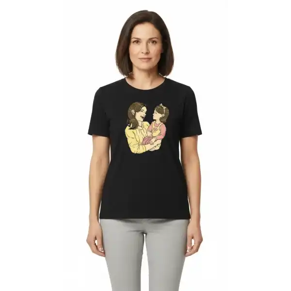 Anneler Günü Hediye Anne Kız Temalı Baskılı Oversize Bisiklet Yaka T-shirt - Siyah