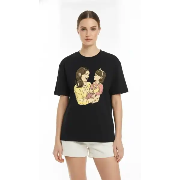 Anneler Günü Hediye Anne Kız Temalı Baskılı Oversize Bisiklet Yaka T-shirt - Siyah