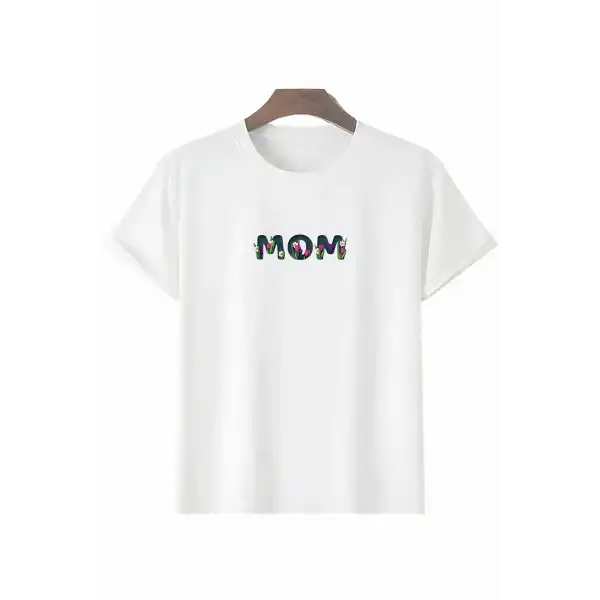 Anneler Günü Hediye Mom Çiçek Baskılı Oversize Bisiklet Yaka T-shirt - Beyaz