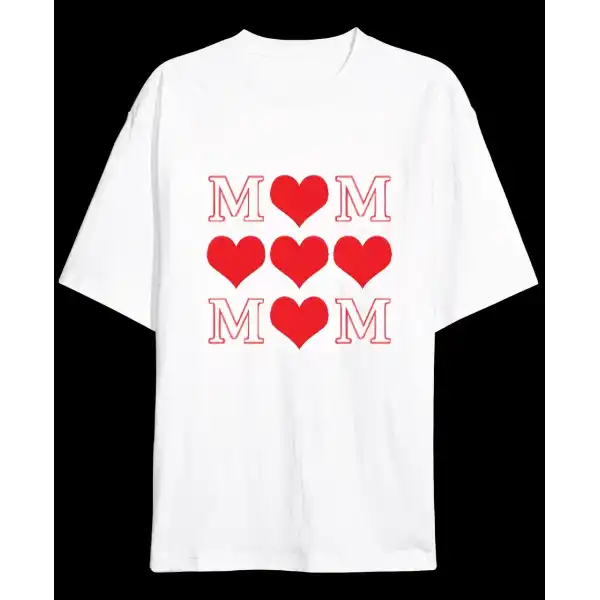Anneler Günü Hediye MOM Kalp Baskılı Oversize Bisiklet Yaka T-shirt - Beyaz