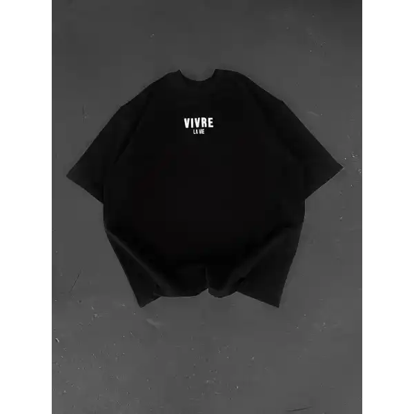 Baskılı Oversize Bisiklet Yaka T-shirt - Siyah