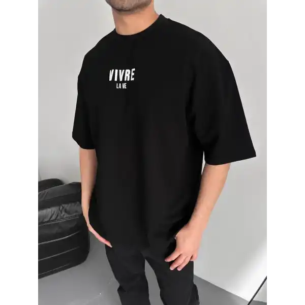 Baskılı Oversize Bisiklet Yaka T-shirt - Siyah