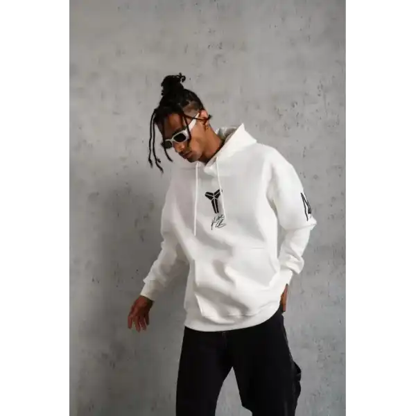 BErkek 3 İplik Pamuklu Kapüşonlu Baskılı Cepli Oversize Sweatshirt Hoodie - eyaz