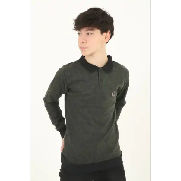 Çocuk Selanik Yaka Nakışlı Kazak - Haki