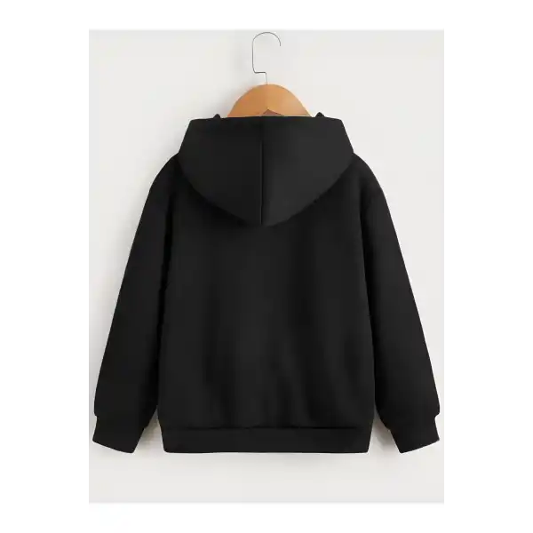 Çocuk Unisex Kapüşonlu Çizgi Kalp Baskılı Sweatshirt - Siyah