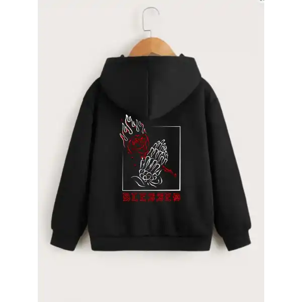 Çocuk Unisex Kapüşonlu Ön ve Arka Blessed Baskılı Sweatshirt - Siyah