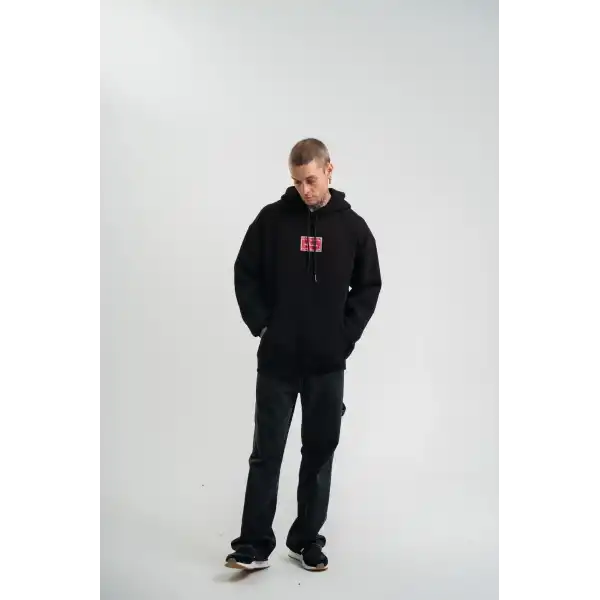 Double Oversize Kapşonlu Dijital Patchli SweatShirt - Siyah