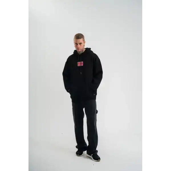 Double Oversize Kapşonlu Dijital Patchli SweatShirt - Siyah