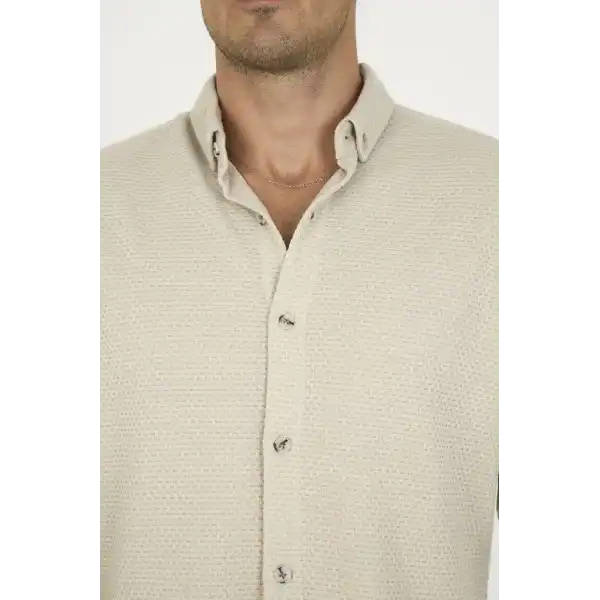 Düğmeli Tam Kalıp Uzun Kol Jakar Gömlek - Gri