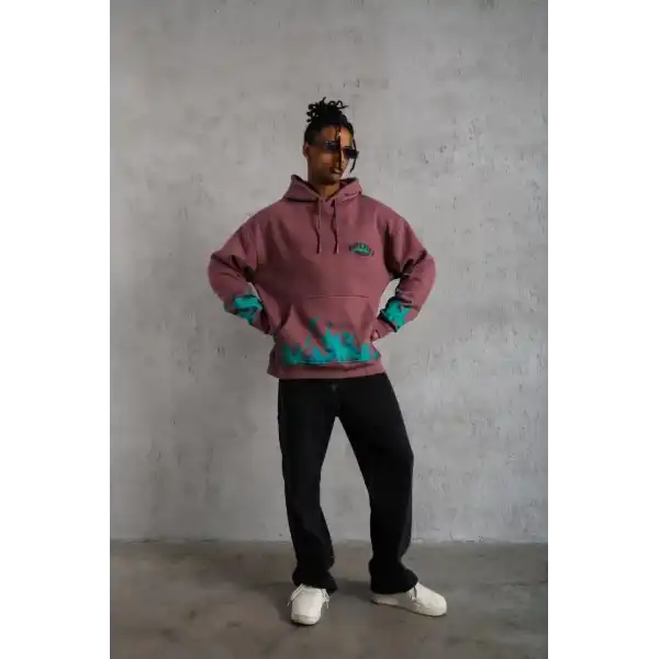 Erkek 3 İplik içi Pamuklu Alev Baskılı Kapüşonlu hoodie Sweatshirt - Gül Kurusu