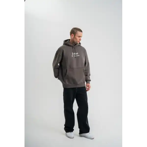 Erkek 3 İplik Kapüşonlu Hoodie Dijital Patchli SweatShirt - Füme