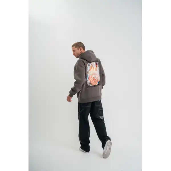 Erkek 3 İplik Kapüşonlu Hoodie Dijital Patchli SweatShirt - Füme