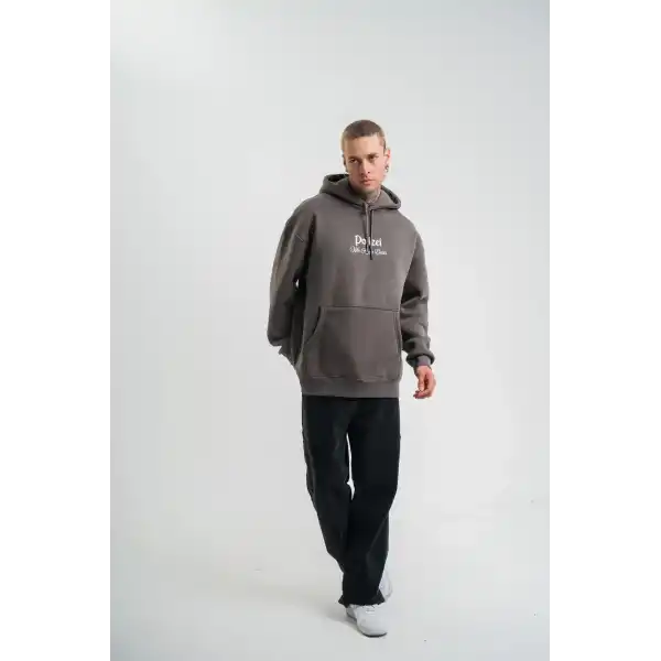 Erkek 3 İplik Kapüşonlu Hoodie Dijital Patchli SweatShirt - Füme