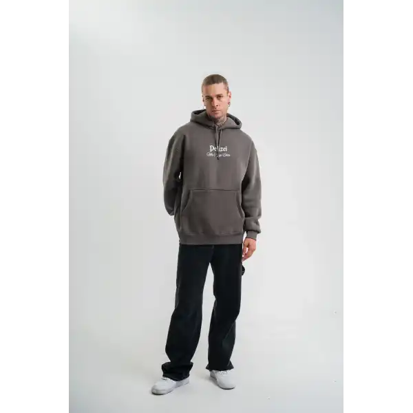 Erkek 3 İplik Kapüşonlu Hoodie Dijital Patchli SweatShirt - Füme