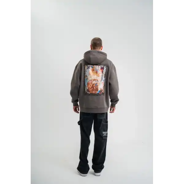 Erkek 3 İplik Kapüşonlu Hoodie Dijital Patchli SweatShirt - Füme