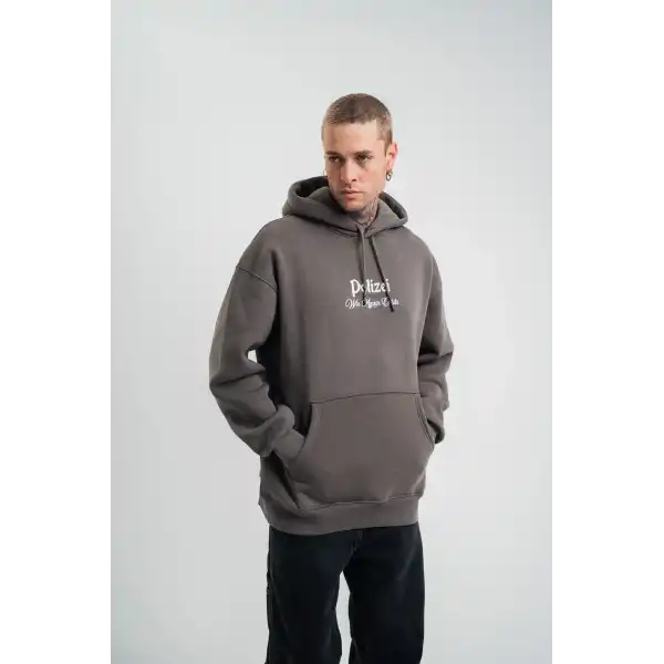 Erkek 3 İplik Kapüşonlu Hoodie Dijital Patchli SweatShirt - Füme