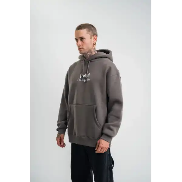 Erkek 3 İplik Kapüşonlu Hoodie Dijital Patchli SweatShirt - Füme