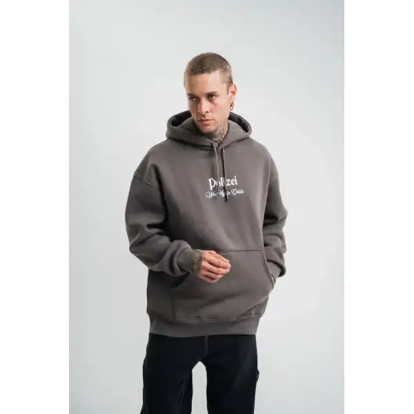 Erkek 3 İplik Kapüşonlu Hoodie Dijital Patchli SweatShirt - Füme