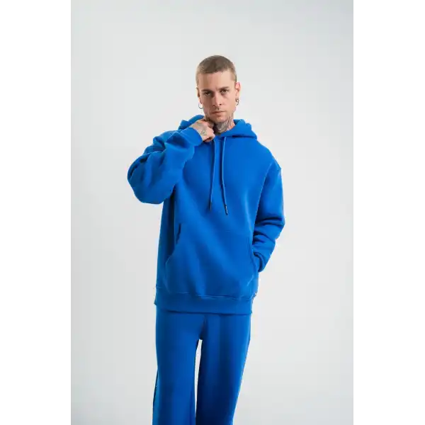 ERKEK 3 İplik Oversize Kapşonlu Basic SweatShirt Hoodie - Mavi