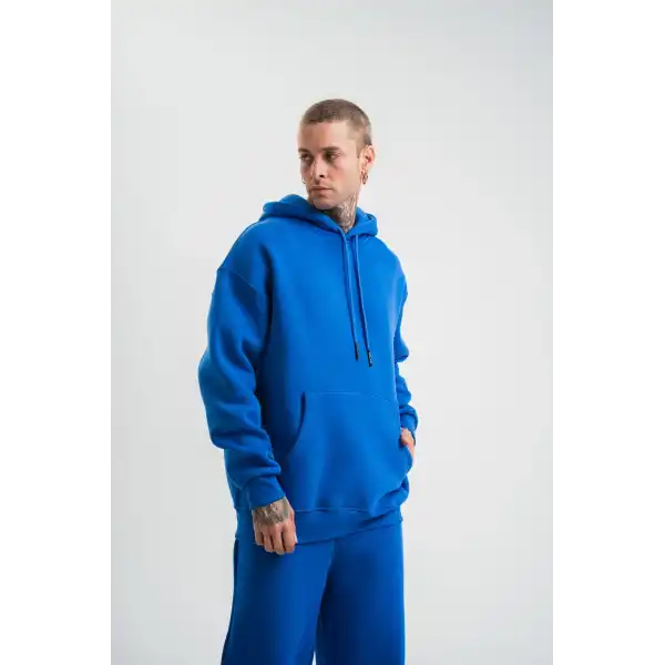 ERKEK 3 İplik Oversize Kapşonlu Basic SweatShirt Hoodie - Mavi