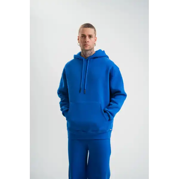 ERKEK 3 İplik Oversize Kapşonlu Basic SweatShirt Hoodie - Mavi