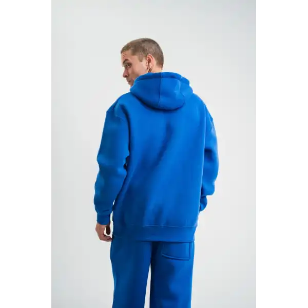 ERKEK 3 İplik Oversize Kapşonlu Basic SweatShirt Hoodie - Mavi