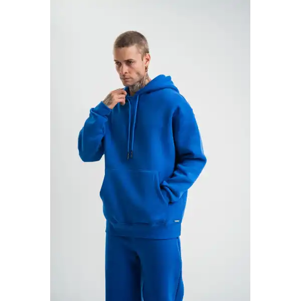 ERKEK 3 İplik Oversize Kapşonlu Basic SweatShirt Hoodie - Mavi