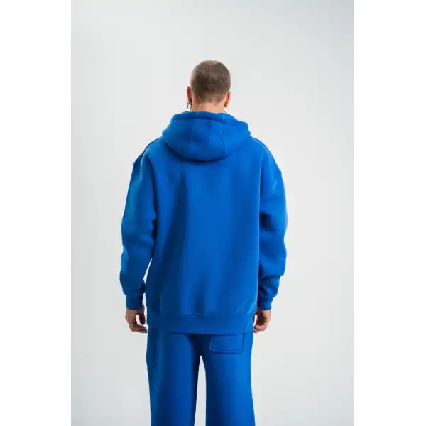 ERKEK 3 İplik Oversize Kapşonlu Basic SweatShirt Hoodie - Mavi
