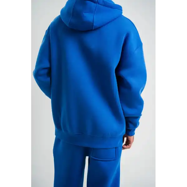 ERKEK 3 İplik Oversize Kapşonlu Basic SweatShirt Hoodie - Mavi