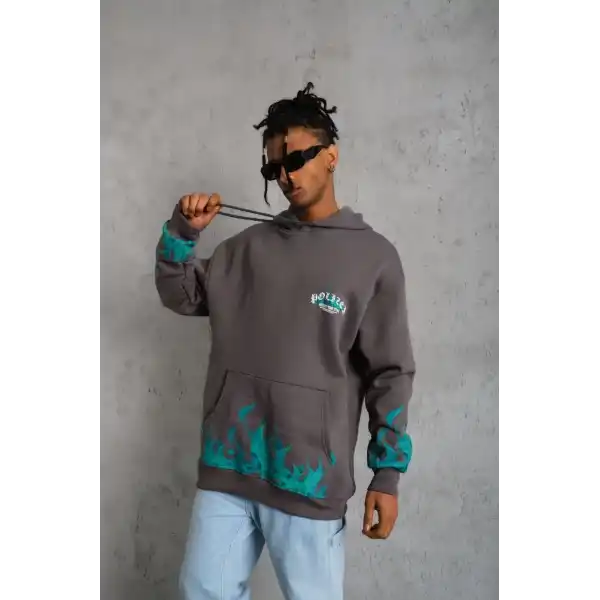 Erkek 3 iplik Pamuklu Alev Baskılı Kapüşonlu hoodie Sweatshirt - Gri