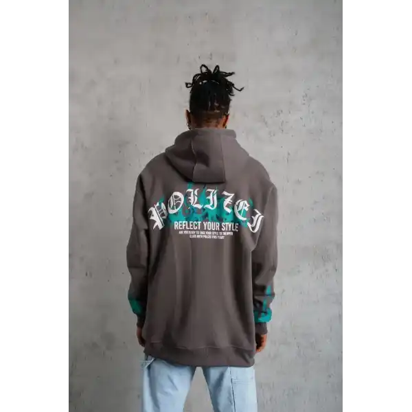 Erkek 3 iplik Pamuklu Alev Baskılı Kapüşonlu hoodie Sweatshirt - Gri