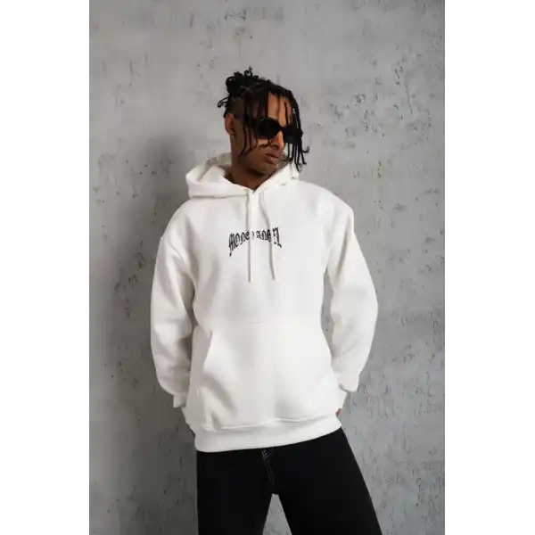 Erkek 3 İplik Pamuklu Baskılı Kapüşonlu Cepli Sweatshirt Hoodie - Beyaz