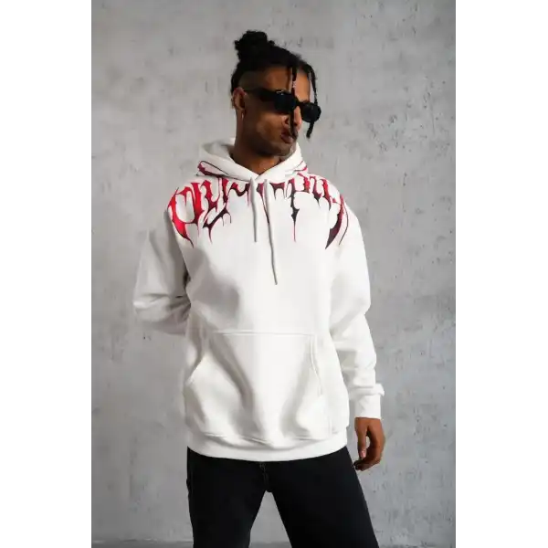 Erkek 3 İplik Pamuklu Baskılı Kapüşonlu Cepli Sweatshirt Hoodie - Beyaz