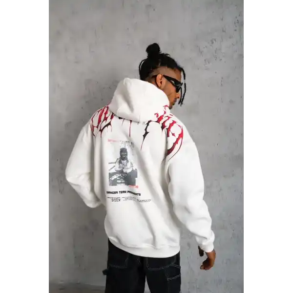 Erkek 3 İplik Pamuklu Baskılı Kapüşonlu Cepli Sweatshirt Hoodie - Beyaz